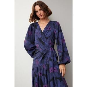 Hutch Lima Purple Floral Wrap Maxi Dress w/ Ballon Sleeves and a Ruffle Hem - SM